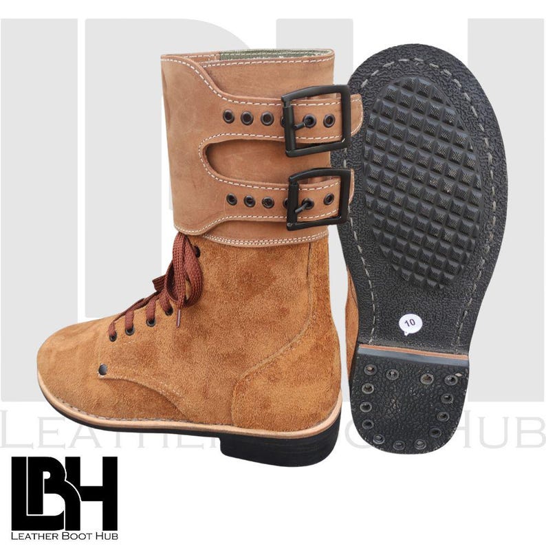 “Premium handcrafted suede leather boots with double buckle straps and lace-up design, rugged non-slip sole, stylish unisex fashion footwear for everyday or outdoor wear”