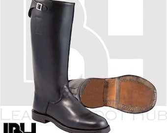 Handmade Black Leather Riding Boots | Tall Equestrian Cavalry Boots | Vintage Military Reenactment | Steampunk costume boots