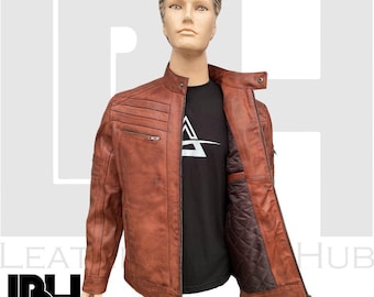 Men’s Handmade Two Tone Brown Genuine Leather Jacket | Vintage Biker Motorcycle Style with Zipper Closure | Custom fit