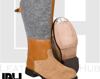 Handmade Wool & Leather Winter Boots | Vintage Tall Riding Boots for Men | Warm Suede Outdoor Boots | Classic handmade footwear