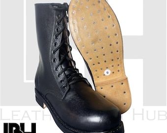 Stivali da uomo fatti a mano in pelle nera con lacci | Suola in cuoio con chiodi in metallo | Stivali resistenti in stile Heritage | Stivali in stile militare