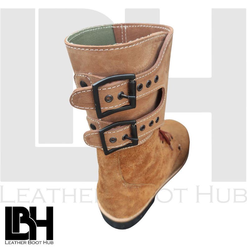 “Premium handcrafted suede leather boots with double buckle straps and lace-up design, rugged non-slip sole, stylish unisex fashion footwear for everyday or outdoor wear”