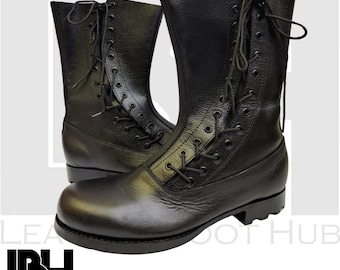 Stivali in pelle nera con lacci laterali, stivali militari tedeschi Fallschirmjager, stivali in pelle nera, stivali in pelle fatti a mano, stivali alla moda,