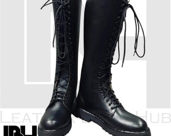 Bota estadounidense de cuero negro personalizada y hecha a mano con suela de goma. Bota para montar a caballo. Botas unisex de moda en todas las tallas. Bota de oficial de cuero.