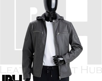 Gray Hooded Leather Jacket Men | Genuine Leather Biker Jacket with Hood | Casual Moto Style Zip Up Jacket | Men's Fashion Outerwear