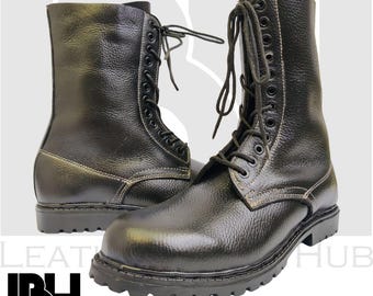 Stivali da combattimento tedeschi neri fatti a mano, stivali da combattimento in pelle da paracadutista con suola in gomma, vero stile militare, stivali alla moda unisex, BLK