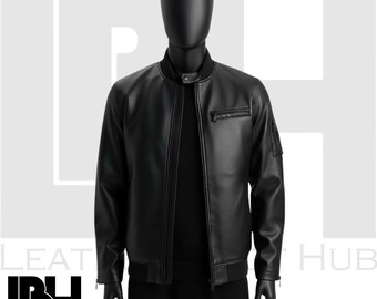 Men's Black Leather Bomber Jacket | Handmade Real Leather Flight Jacket | Classic Ribbed Hem Collar Leather Jacket