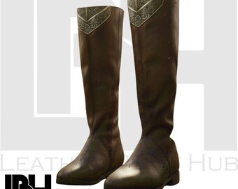 Handmade Brown Leather Tall Boots with Decorative Cuff, Full Grain Leather Knee High Boots, Custom Leather Footwear