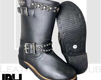 Handmade Black Leather Studded Boots for Men | Mid Calf Buckle Boots | Classic Leather Sole Biker Style Boots | Custom Handmade Footwear