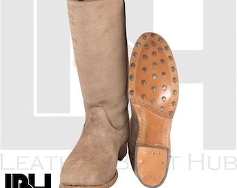 Handmade Tan Suede Leather Tall Boots – Vintage Riding – Engineer Style – Durable Studded Sole Workwear Fashion Boots for Men & Women