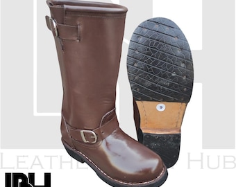 Handmade Brown Leather Engineer Boots – Men’s Mid-Calf Motorcycle Biker Harness Boots – Genuine Leather Riding & Vintage Work Boot