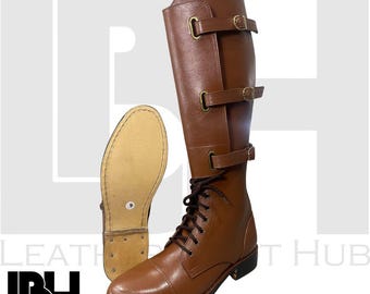 Handmade Brown Leather Riding Boots Vintage Equestrian Tall Boots with 3 Buckle & Lace-Up, Steampunk Cosplay, Fashion for Men And Women