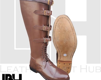 Handmade Brown Leather Riding Boots – Men’s Knee High Equestrian Boots with Buckle Straps & Lace Up Front – Genuine Cowhide Tall Dress Boots