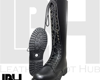 Men's Black Leather Combat Boots | Handmade Military Style Knee High Boots | Genuine Cowhide Lace Up Biker & Riding Boots for Men