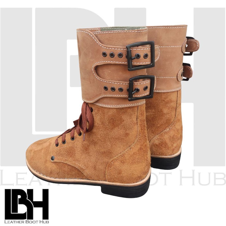 “Premium handcrafted suede leather boots with double buckle straps and lace-up design, rugged non-slip sole, stylish unisex fashion footwear for everyday or outdoor wear”