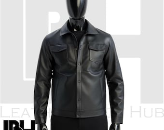 Handmade Men's Black Leather Shirt Jacket | Real Leather Shacket | Classic Button-Up Leather Jacket for Him