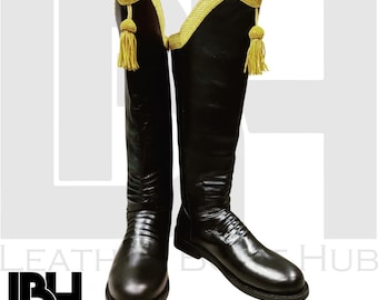 Men's Black Leather Long Boots, Custom And All Sizes Available | Fashion Boots | Army Boots | Handmade Leather Boots | Riders Boots| Gold