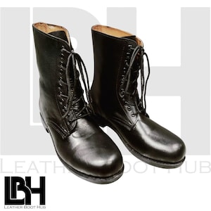 Zwarte leren herenschoenen met rubberen zool, enkellaars van Duits panzerleer, handgemaakte modieuze laarzen, enkellaars van Duits panzerleer, militair