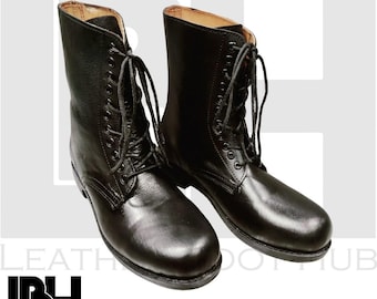 Stivali da uomo in pelle nera con suola in gomma, stivali alla caviglia in pelle da carro armato tedesco, stivali alla moda fatti a mano, stivali alla caviglia in pelle da carro armato tedesco, militari