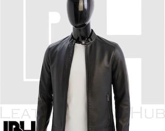 Men's Black Slim Fit Leather Jacket | Handmade Genuine Cowhide Moto Biker Style | Classic Zip-Up Leather Outerwear with Stand Collar