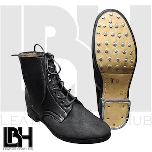 Handgemaakte Duitse leger gevechtslaarzen – Zwarte ruwe leren zool met spijkers en ijzeren hak – Militair schoeisel, legerlaars, zwarte enkellaars.