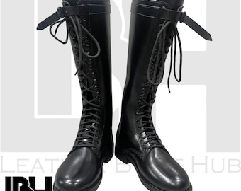 Handmade SA Officer Military Black Leather Lace-Up Boots with Single Buckle Strap, Unisex Horse Riding Boots, Victorian Fashion Boots, Real
