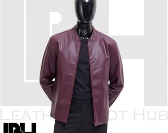 Maroon / Purple Leather Bomber Men | Real Leather Jacket | Burgundy Zip Front | Casual Menswear | Pilot Jacket, Handmade Leather Jacket