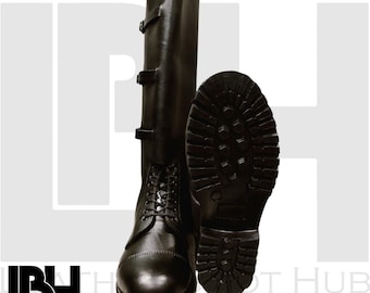 Black Leather Long Boots With Rubber Sole, Front Buckles Styled Boot, Handmade Horseriding Boots For Men And Women, Real Leather Long Boots,