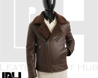 Men’s Brown Shearling Leather Jacket | Winter Aviator Bomber Coat | Real Sheepskin Flying Jacket | Warm Fur Collar Motorcycle Outerwear