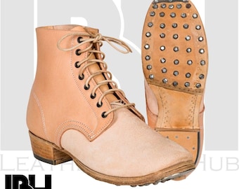 Handmade Leather Lace Up Boots for Men | Studded Leather Sole Mountain Ankle Boots | Rugged Outdoor Heritage Style | Brown leather boots