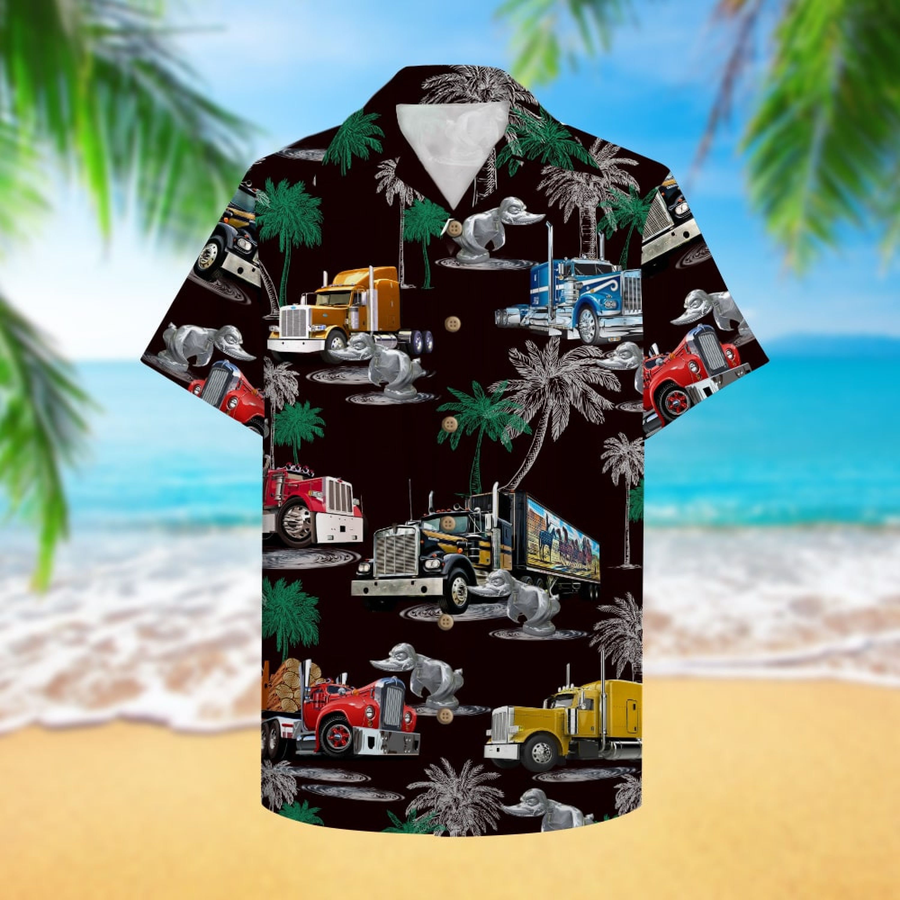 Discover Duck Truck Pattern Hawaiian Shirt, Aloha Black Shirt For Trucker, Aloha Hawaiian Shirt