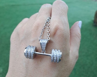 Collier Pendentif Haltère en Acier Inoxydable avec Zirconium Complet, Collier Force, Pour les Femmes et Hommes Sportifs, Fitness et Forts