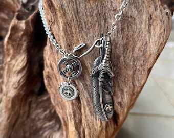 Vintage Takahashi Goros Feather Necklace, Titanium Steel Eagle Claw Pendant, Japanese Punk Rock Jewelry, Biker Feather Necklace