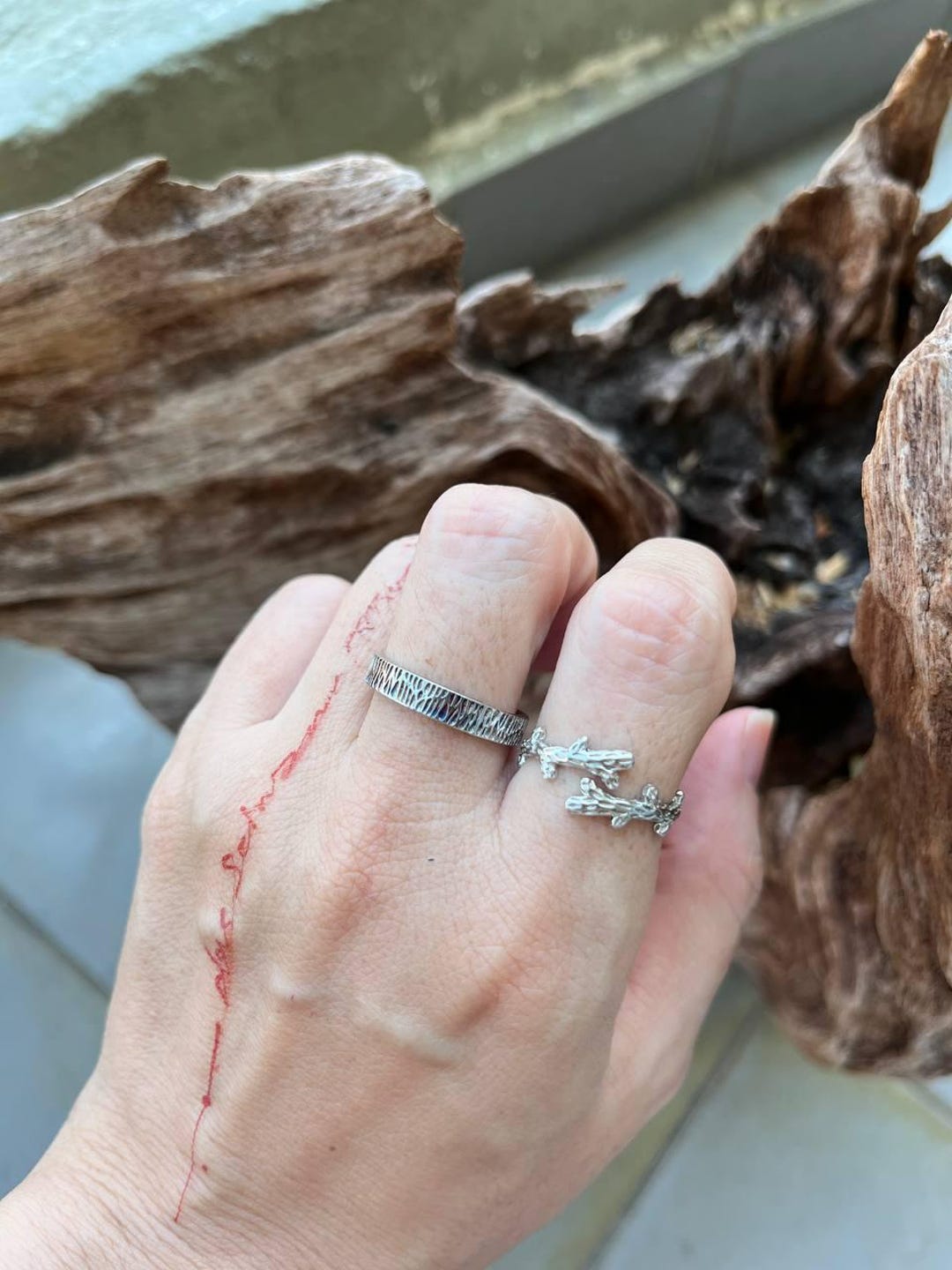 925 Sterling Silver Textured Branch Matching Rings, Free Engraved