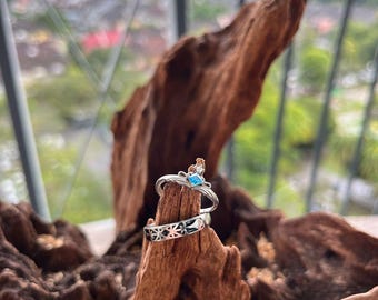 Sterling Silver Wedding Ring Set: Engraved Band, Blue Cubic Zirconia, Adjustable