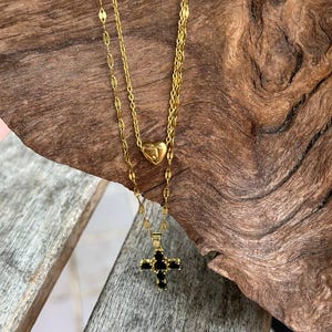 Custom Initial Heart and Black CZ Cross Pendant Layered Necklace Set, Personalized Gold Stackable Necklaces for Women,Christian Gift for Her