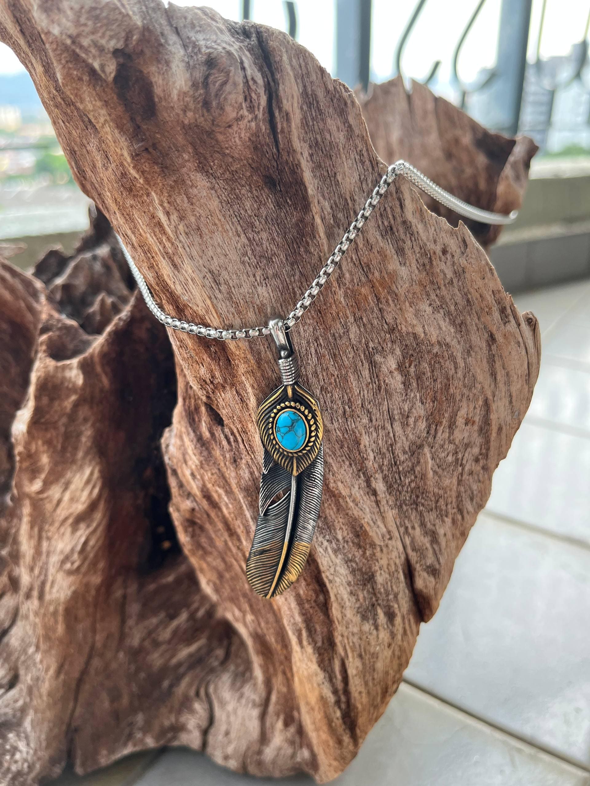 Vintage Takahashi Goros Feather Necklace, Titanium Steel Turquoise