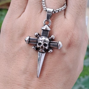 Gothic Cross with Skull Pendant Necklace in Stainless Steel, Goth Cross Necklace for Men, Gothic Cross Pendant, Gift for Boyfriend, Men