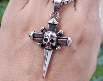 Gothic Stainless Steel Skull Cross Pendant Necklace