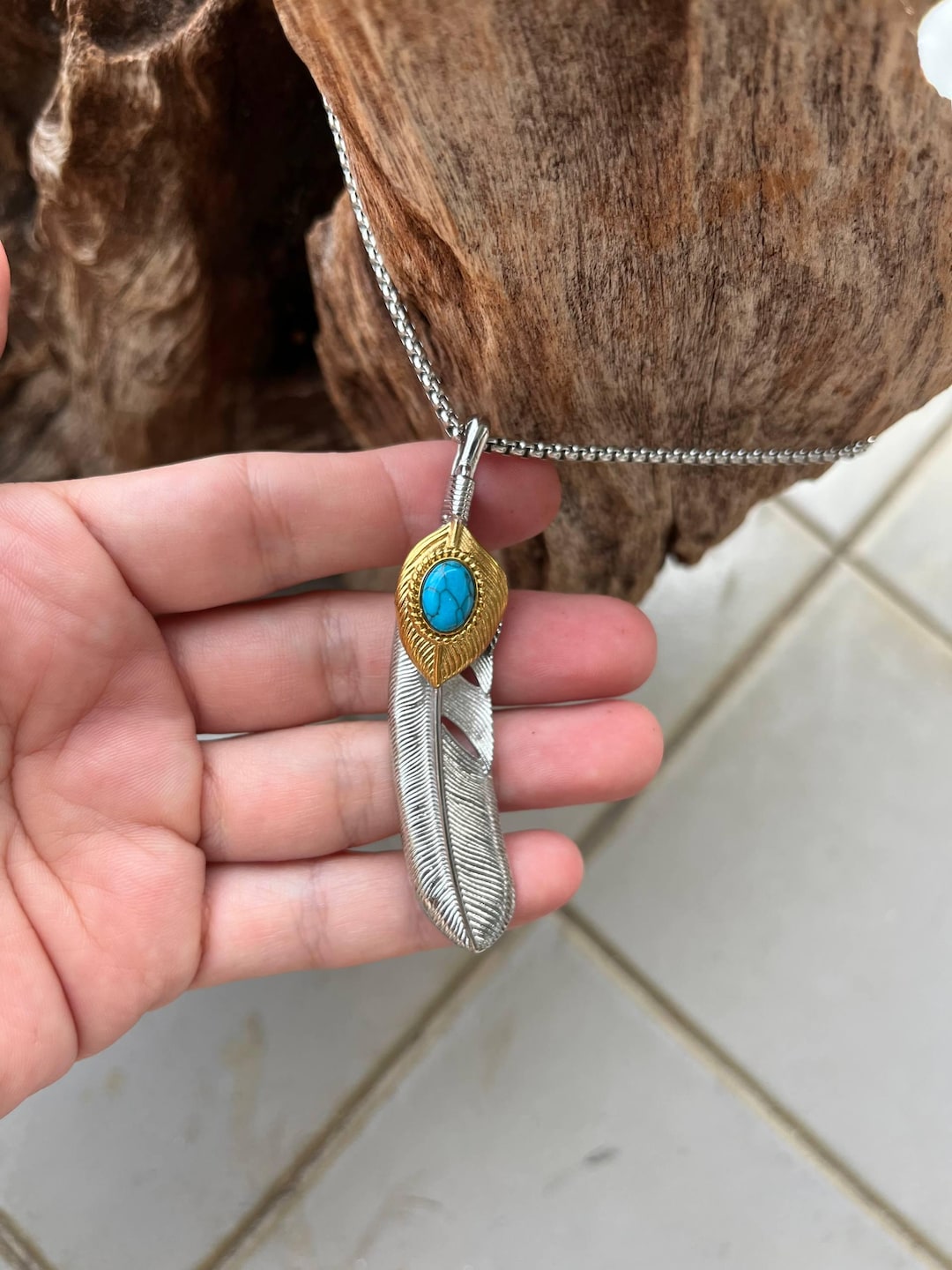 Takahashi Goros Feather Necklace, Titanium Steel Turquoise Two