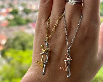 Couple Hug Necklace: Playful Lovers Pendant, Stainless Steel