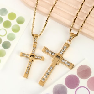 Gold Fast & Furious Dominic Toretto Cross Couple Necklaces, Free Engraved, Unique Personalized Gift Matching Necklaces in Stainless Steel