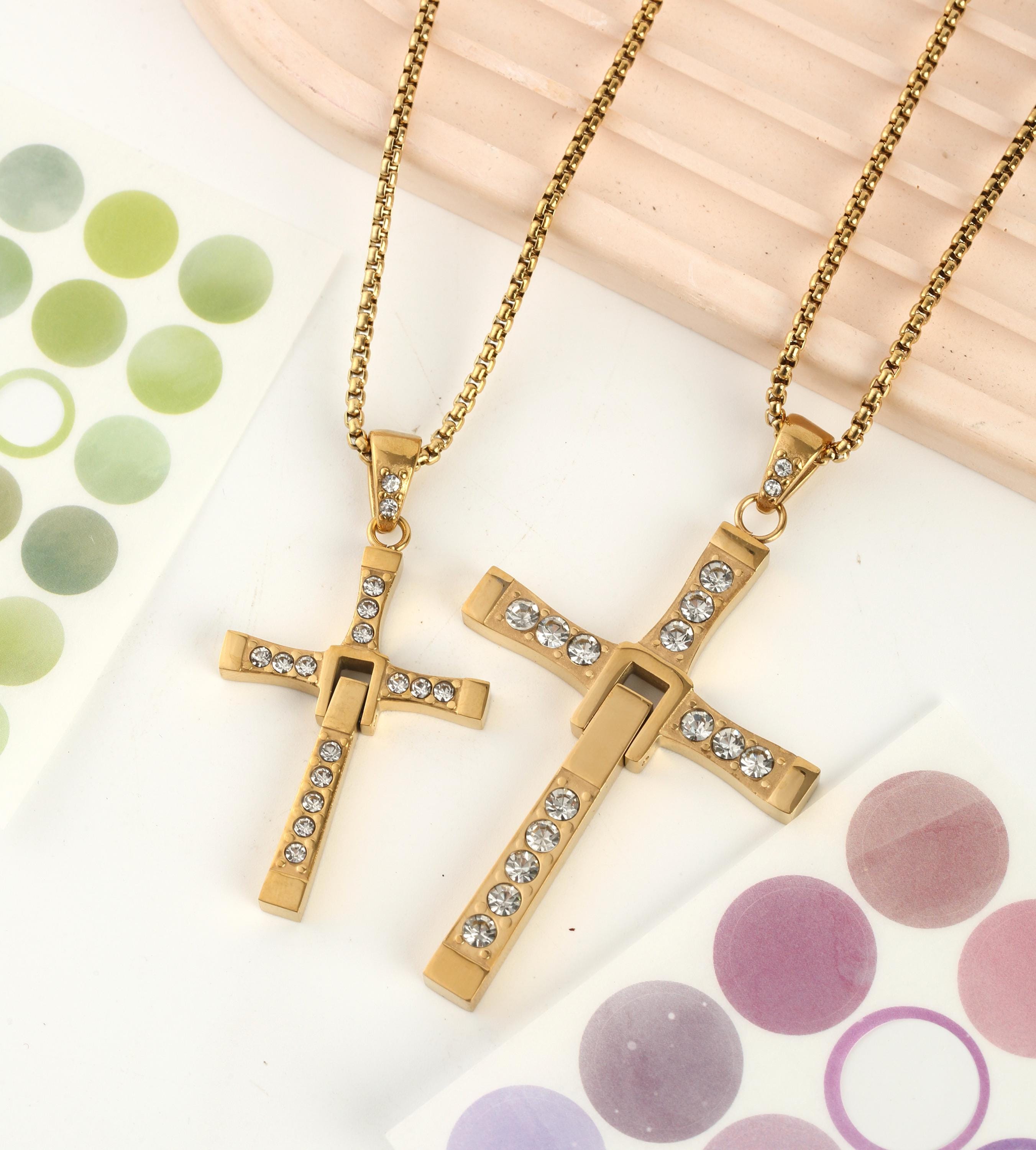 Gold Fast & Furious Dominic Toretto Cross Couple Necklaces, Free Engraved, Unique Personalized Gift Matching Necklaces in Stainless Steel