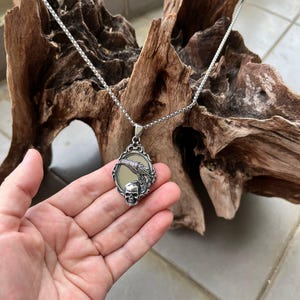 Vintage Mirror Skull Raven Pendant Necklace, Gothic Titanium Steel Necklace, Crow Skull Amulet, Dark Fantasy Jewelry, Punk Biker Pendant