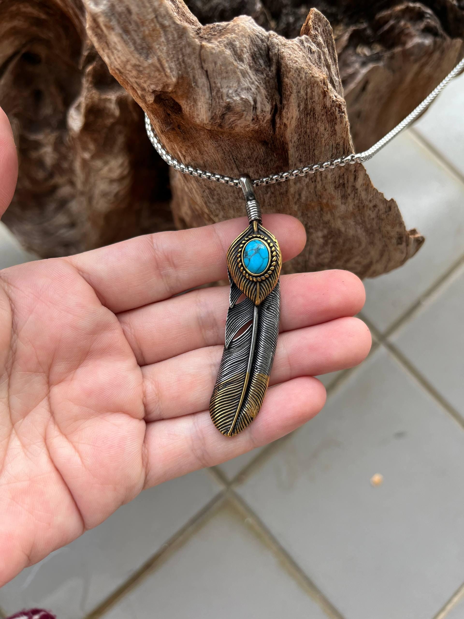 Vintage Takahashi Goros Feather Necklace, Titanium Steel Turquoise