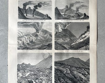 Estampe ancienne représentant un volcan, illustration originale d'éruption volcanique des années 1890, art mural de géologie victorienne, estampe d'histoire naturelle