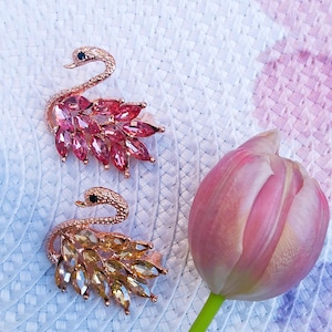 Romantic Swan Brooch with Crystals Valentine Love Edition