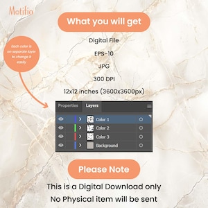 May include: Digital download graphic design file details. The image shows the file types: Digital File, EPS-10, JPG, and 300 DPI. The image dimensions are 12x12 inches (3600x3600px). The image also shows the layers and colors.