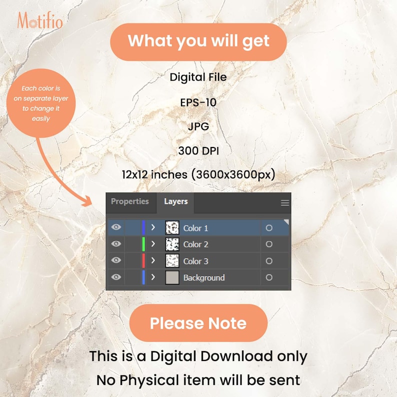 May include: Digital download graphic design file details. The image shows the file types: Digital File, EPS-10, JPG, and 300 DPI. The image dimensions are 12x12 inches (3600x3600px). The image also shows the layers and colors.