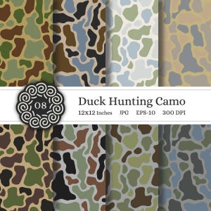 Pode incluir: Uma coleção de oito padrões de camuflagem em tons de verde, castanho, azul e cinzento. Os padrões lembram a camuflagem de caça de patos. A imagem inclui o texto "Duck Hunting Camo" e dimensões de 30,48 x 30,48 cm.